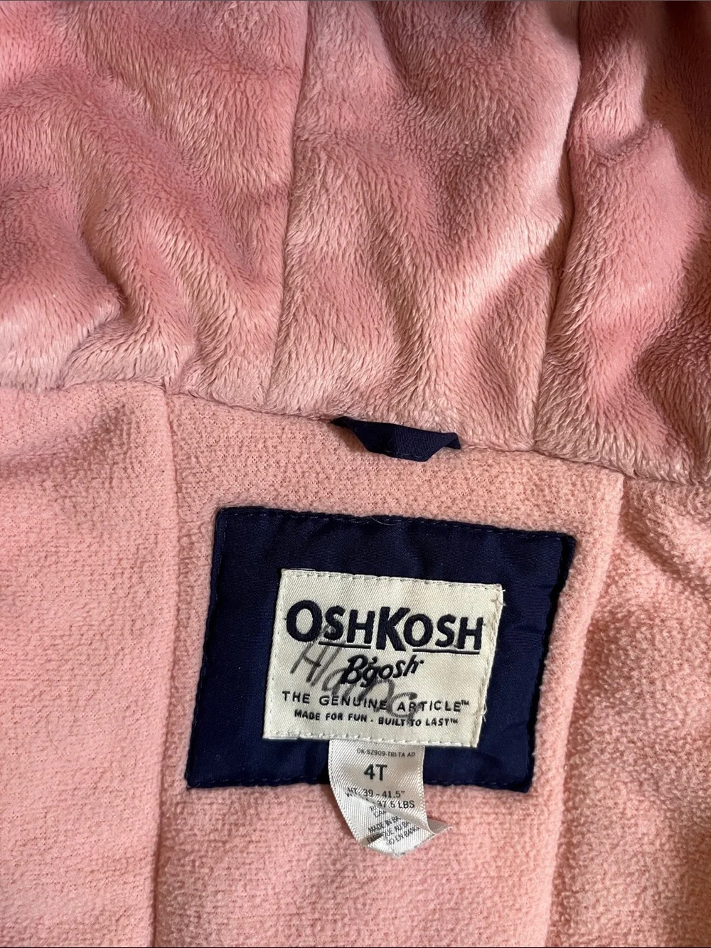 OshKosh B'gosh Navy Puffer Coat with Pink Faux-Fur Hood 4T Snap Pockets/Flap